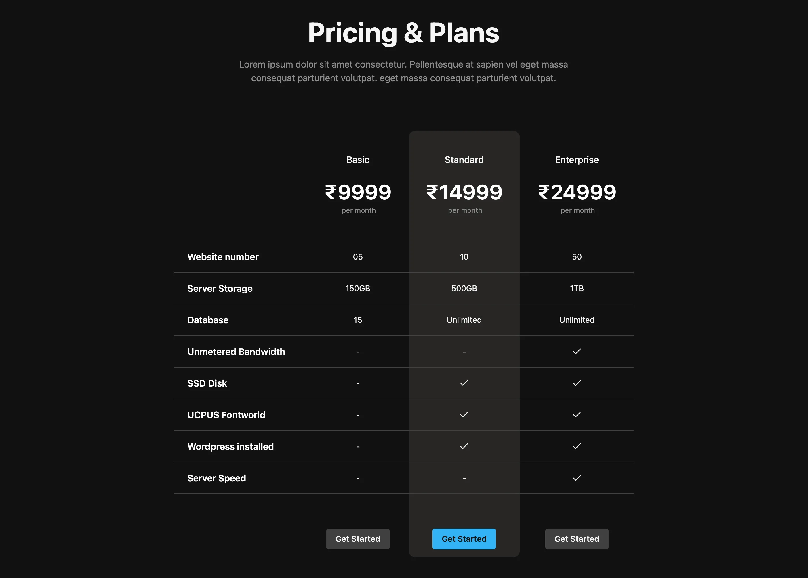 Pricing with Comparison Table - Web (Dark)